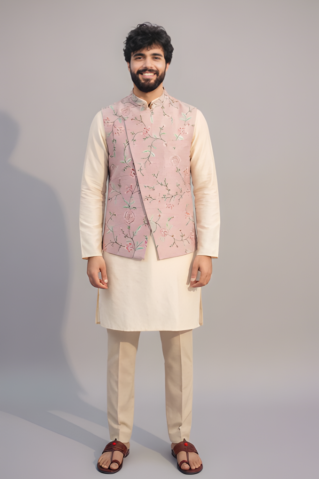 Men’s Pastel Pink Floral Embroidered Nehru Jacket Set – Designer Sadri with Kurta Pajama