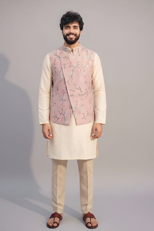 Men’s Pastel Pink Floral Embroidered Nehru Jacket Set – Designer Sadri with Kurta Pajama