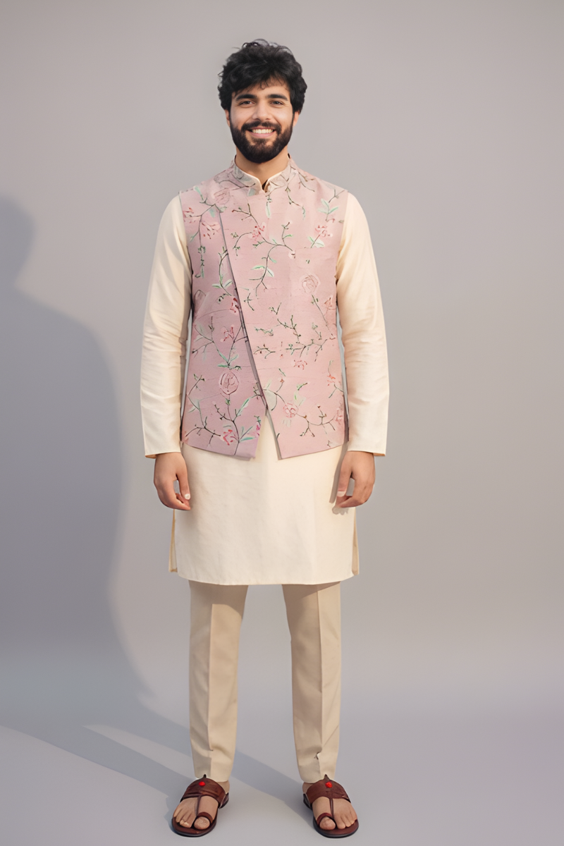 Men’s Pastel Pink Floral Embroidered Nehru Jacket Set – Designer Sadri with Kurta Pajama
