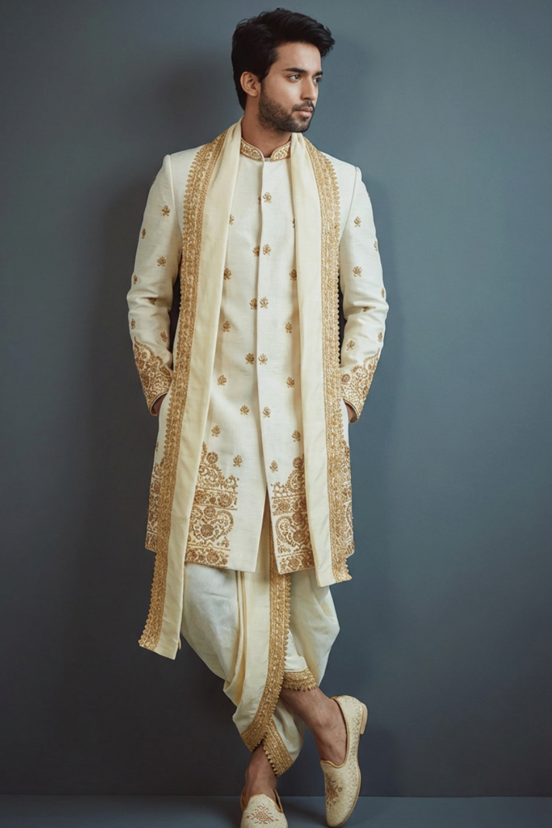 Heavy hem work Sherwani with bootas