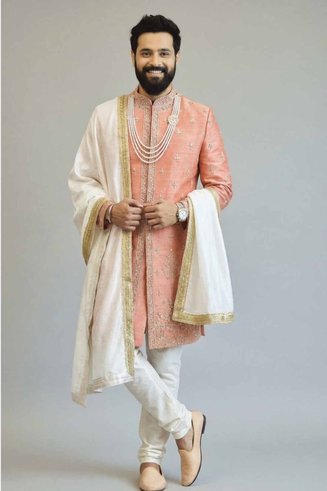 Peach Embroidered Kurta Set for Men with Dupatta – Wedding & Festive Wear