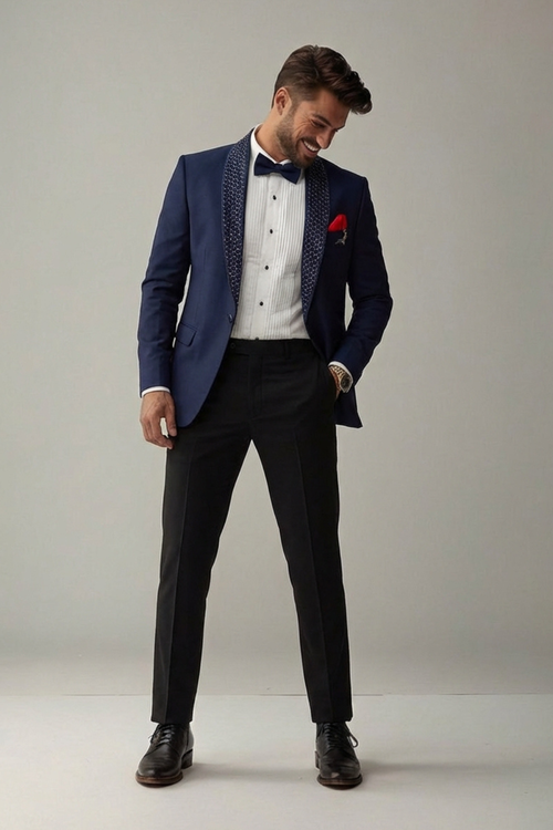 Man wearing a blue suit with a white shirt and black bow tie on a plain background