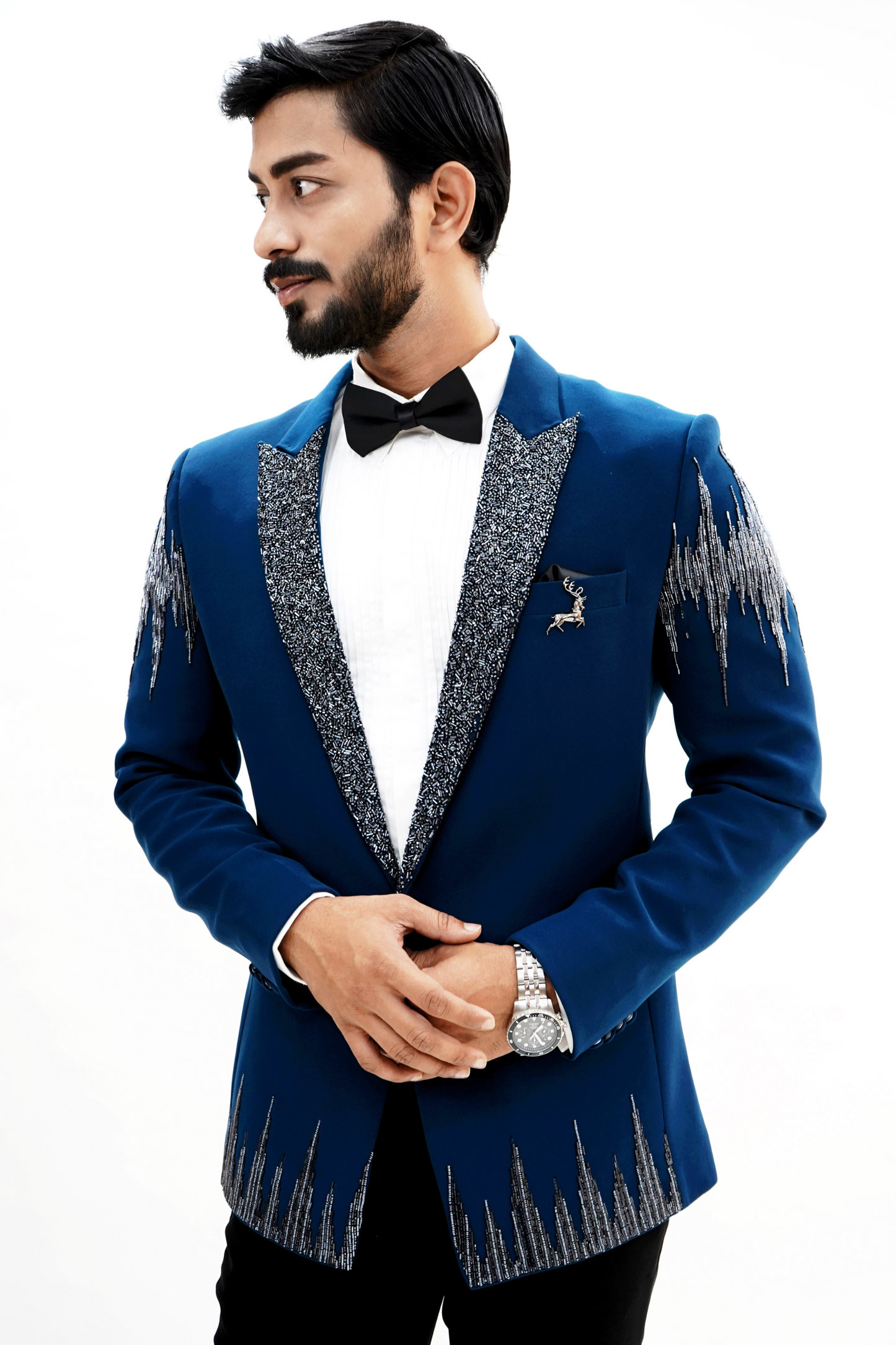 Teal Blue Wool Crepe 2-Piece Tuxedo with Cutdana Work