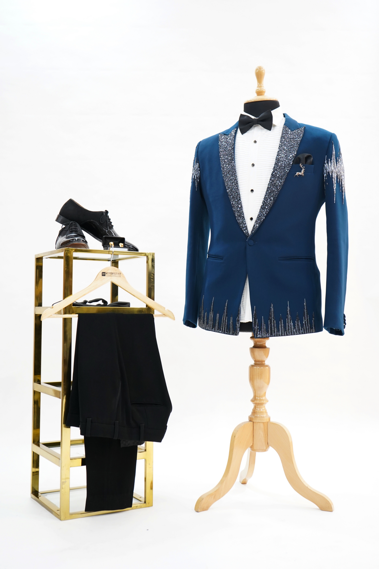 Teal Blue Wool Crepe 2-Piece Tuxedo with Cutdana Work