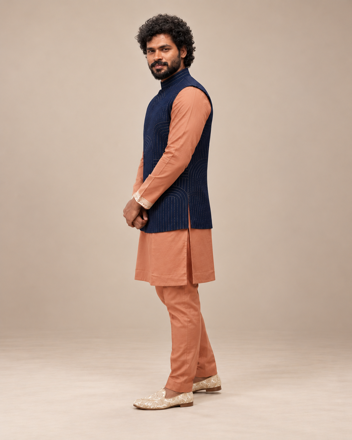 Navy Blue Patterned Nehru Jacket Set (Midnight Arc)
