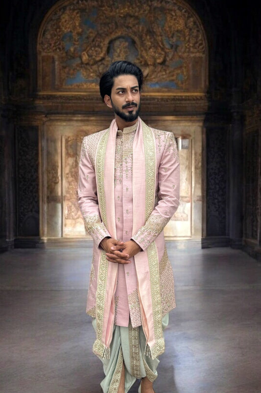 The Abstract Jewel Sherwani in Onion Pink