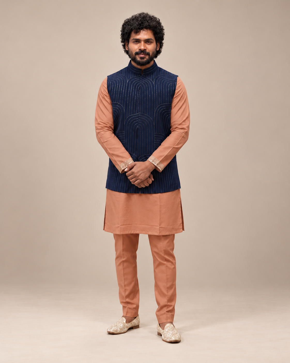 Navy Blue Patterned Nehru Jacket Set (Midnight Arc)