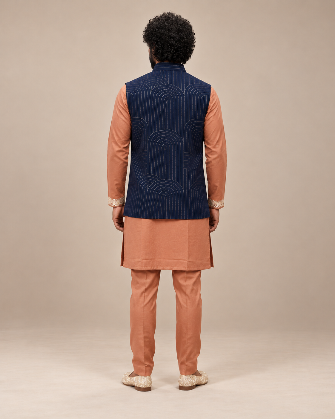Navy Blue Patterned Nehru Jacket Set (Midnight Arc)