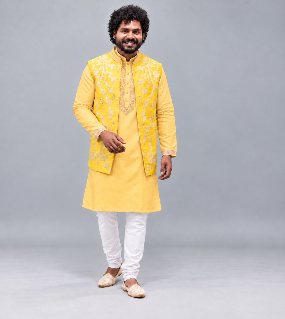 Lemon Yellow Floral Embroidered Nehru Jacket