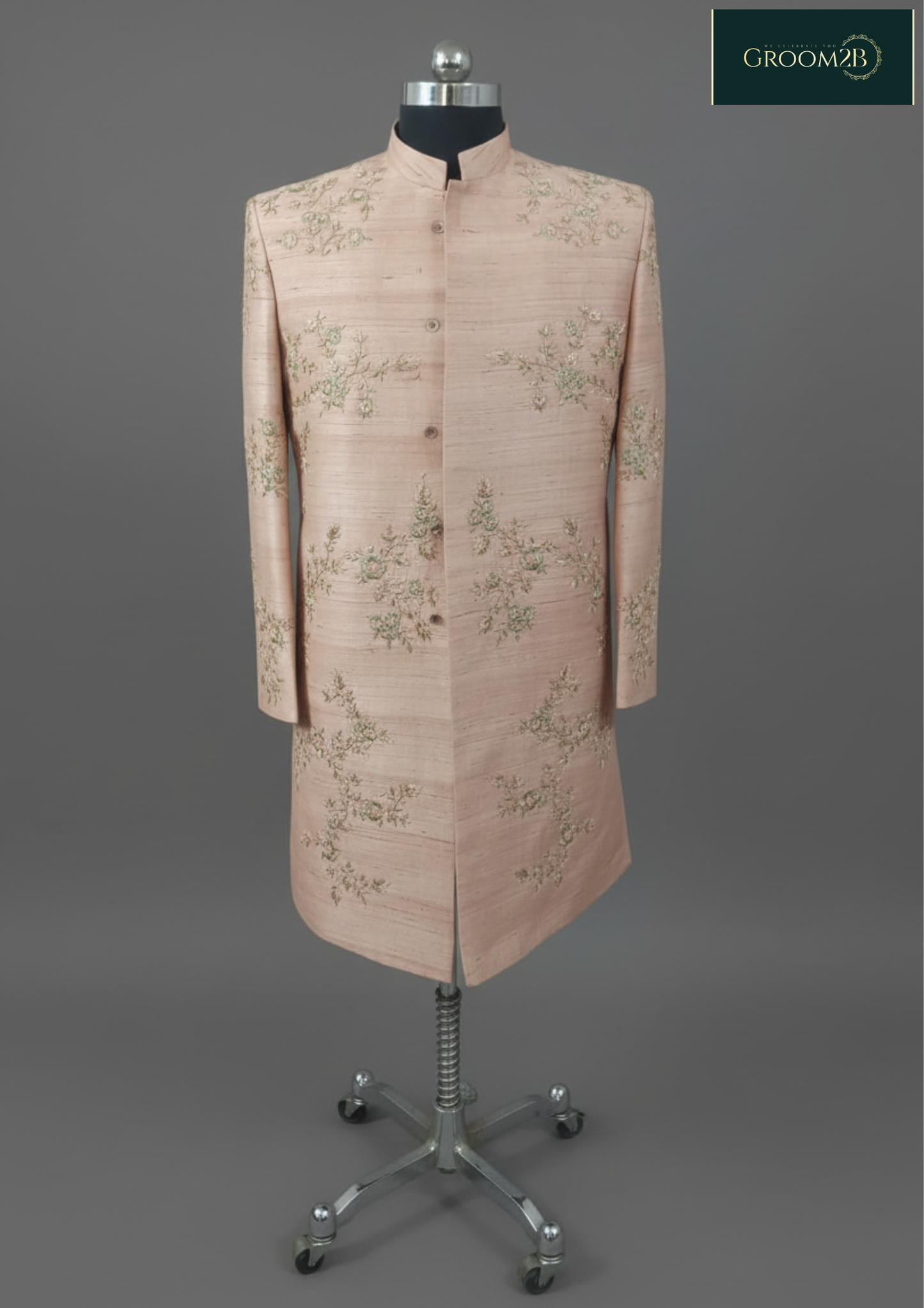 Men’s Peach Floral Embroidered Sherwani Set – Premium Wedding & Festive Ethnic Wear