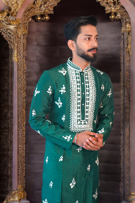 Bottle Green Embroidered Kurta