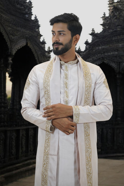 Ivory Embroidered Kurta Set with Traditional Dhoti & Gold Zari Stole for Men – Wedding & Festive Ethnic Wear