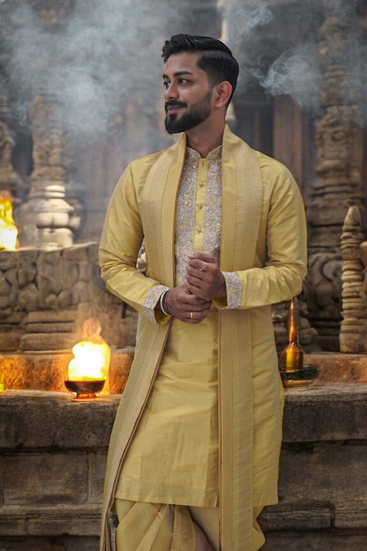 Heritage Pattu Kurta Pancha – Mustard Gold