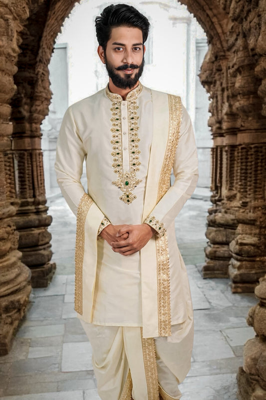 Off-White Silk Pattu Kurta Set