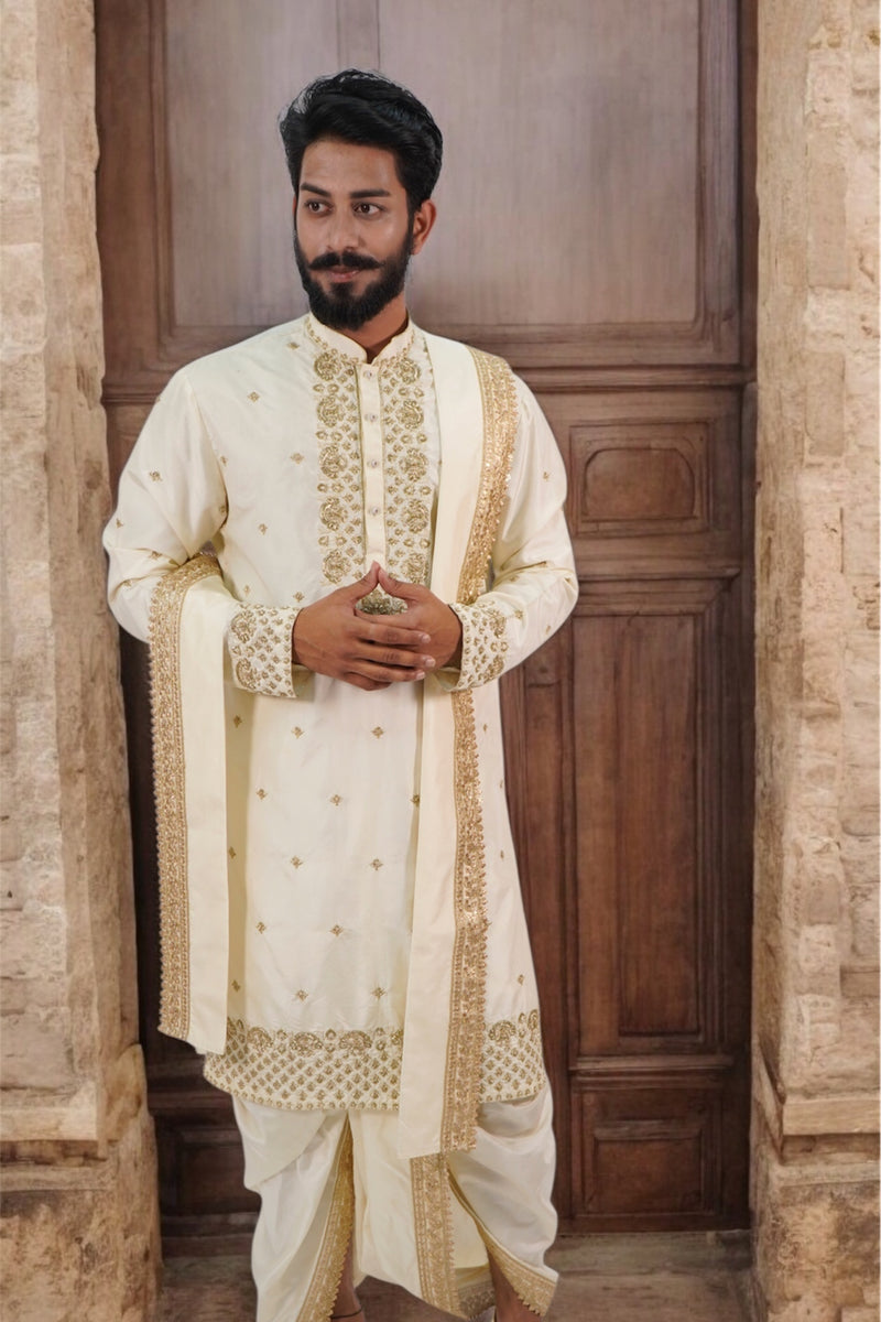 Cream Heavy all Over Embroidered Pure Pattu Kurta-Set