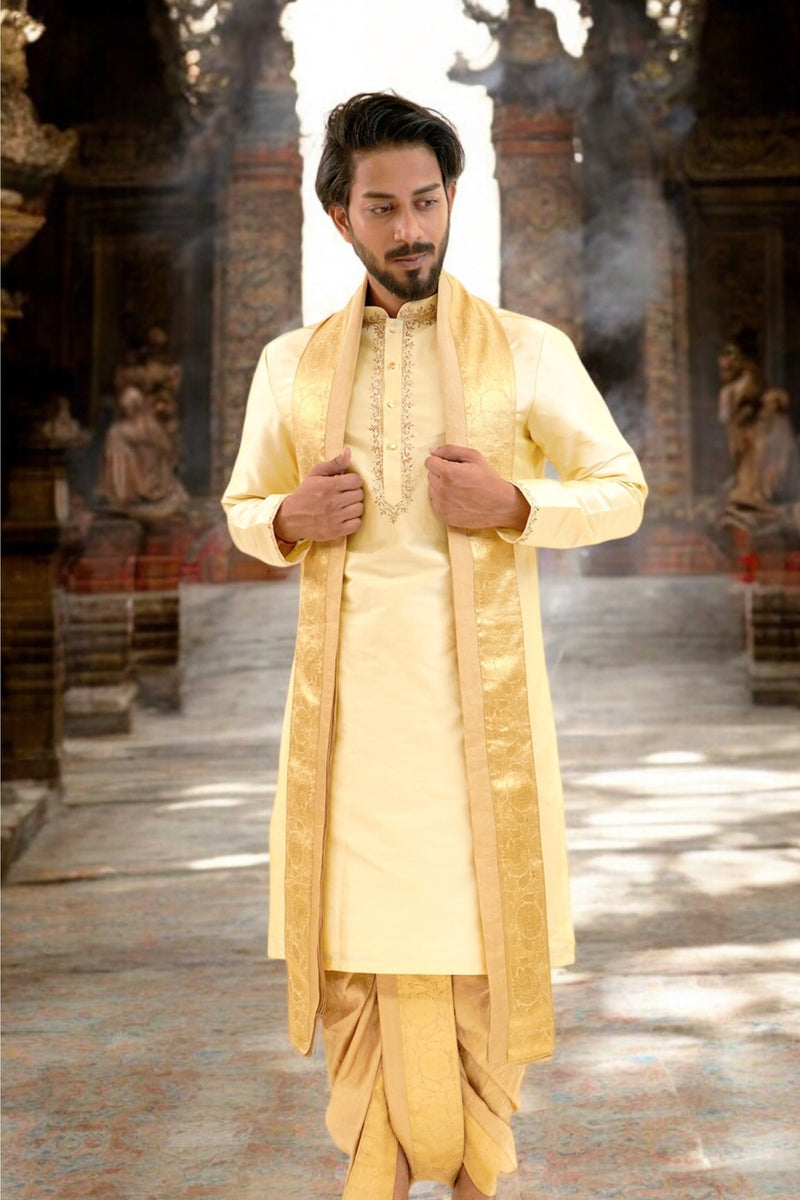 Cream gold semi pattu pancha set with zari work