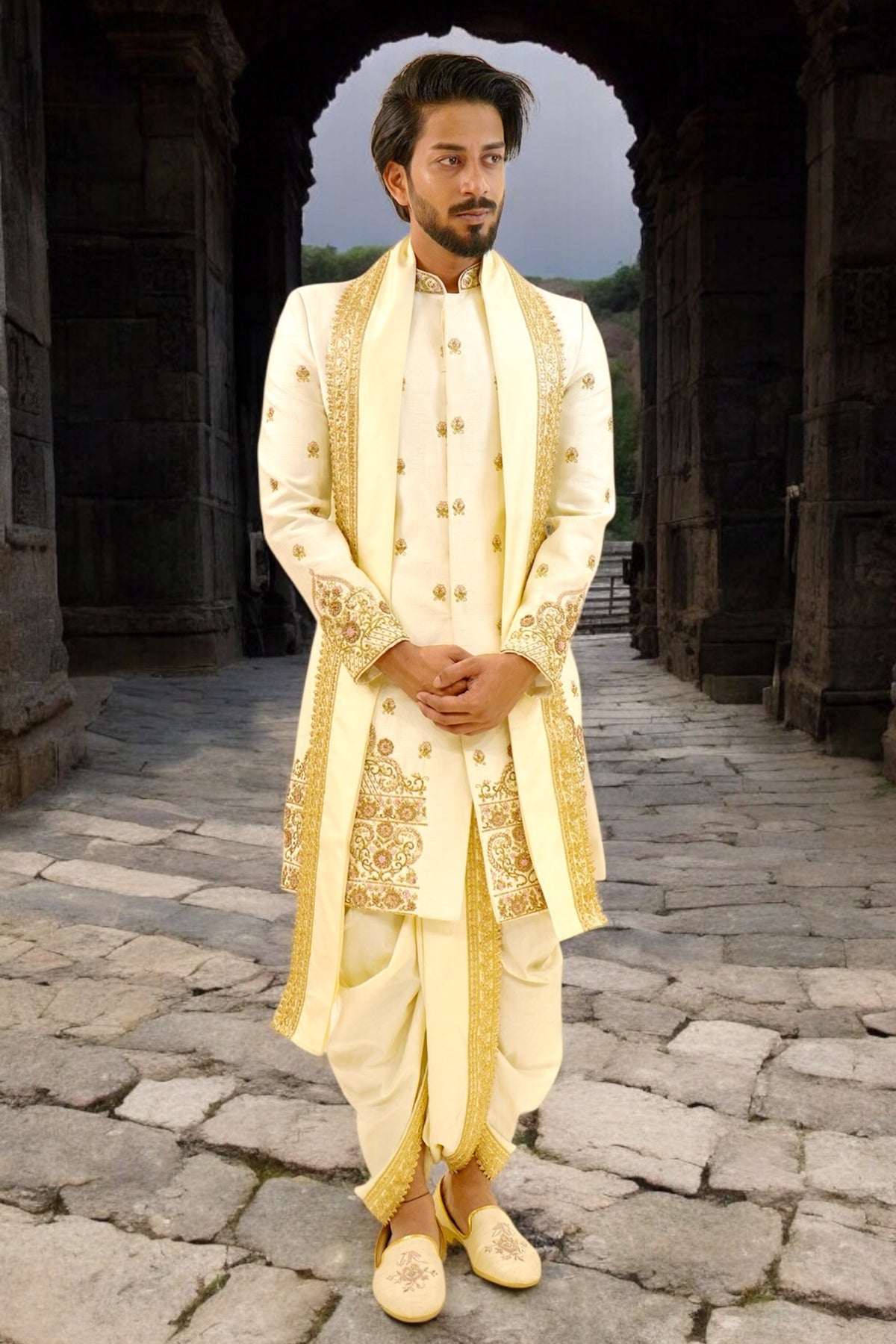 Heavy hem work Sherwani with bootas