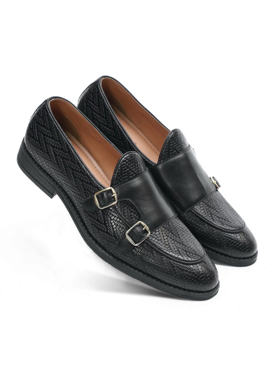 Black Textured Vogue Double Monk Slipons