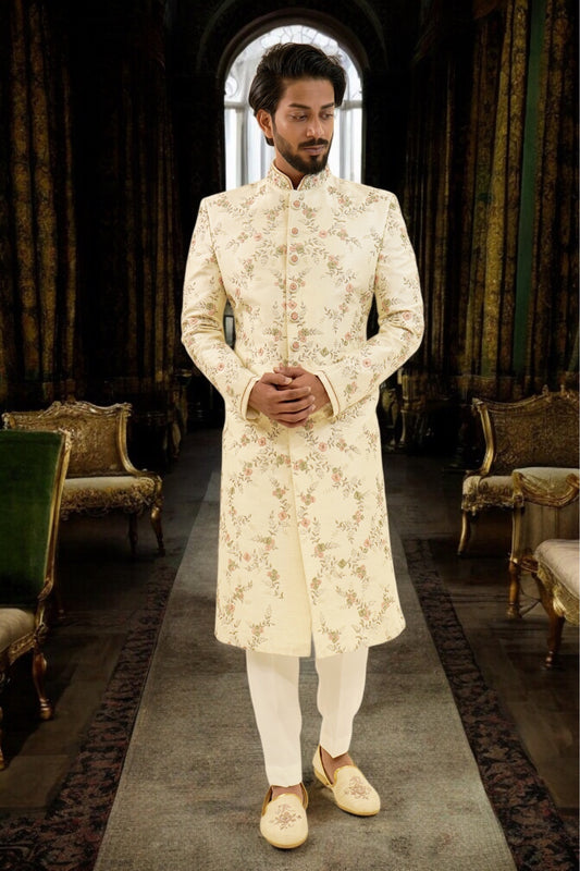 Sherwani with embroided floral veins