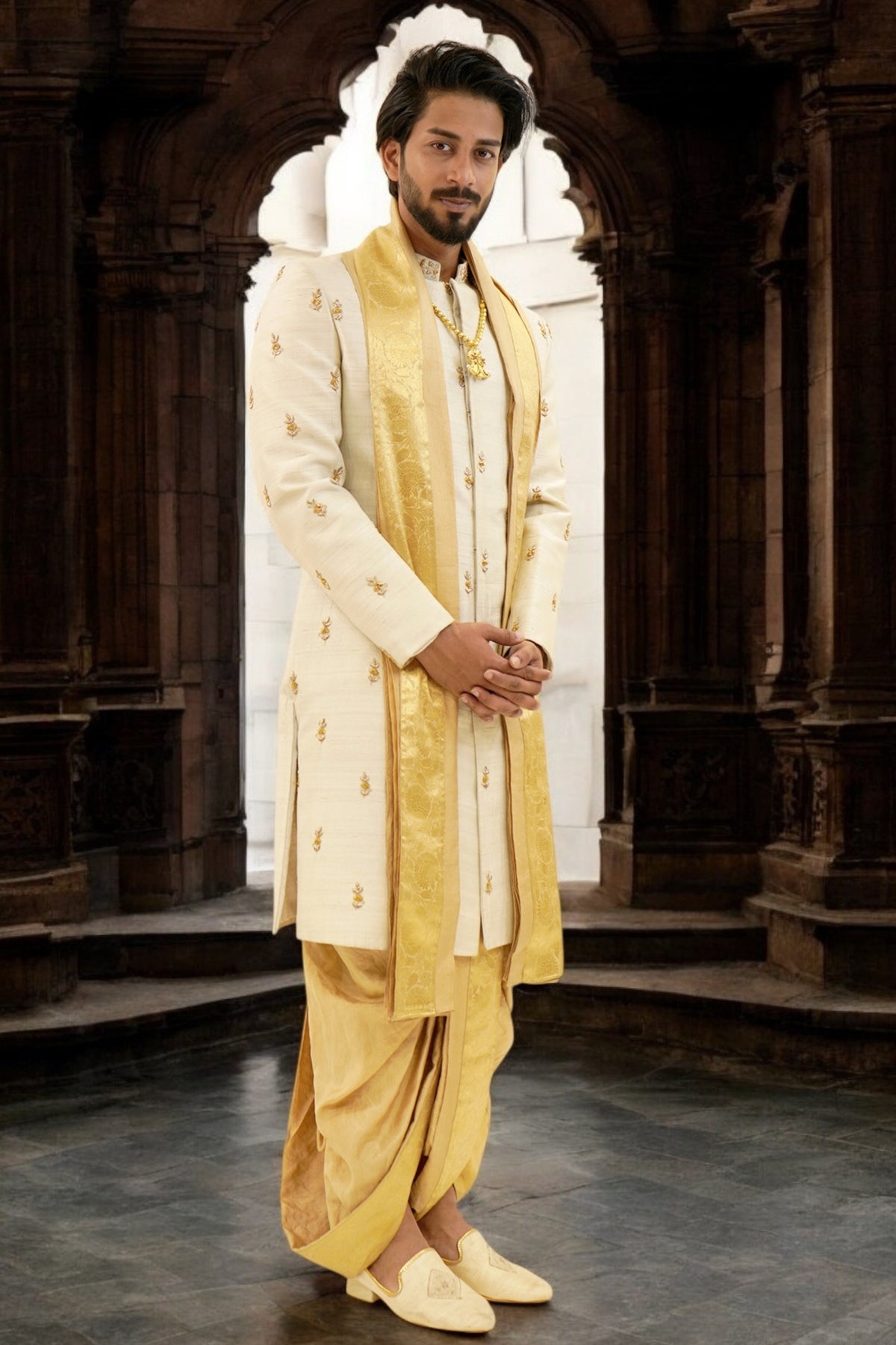 Pure raw silk traditional sherwani with zardozi work