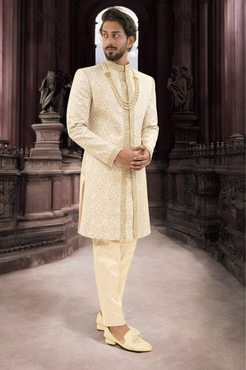 Self Embroided Sherwani With Hand Highlighted Placket Work