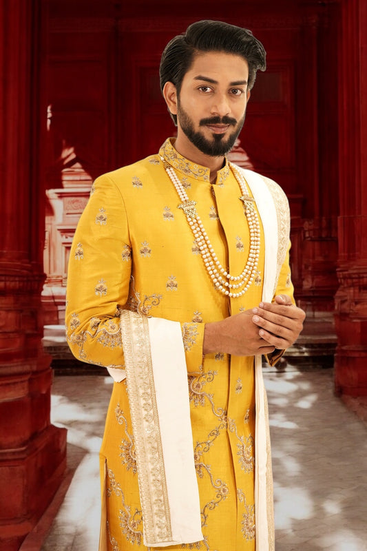 Mustard Yellow Pure Raw Silk Sherwani Set with Zardosi Butta Work