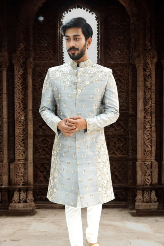 Light grey heavy maggam work sherwani