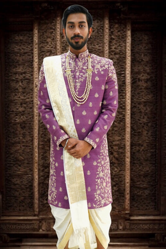 Plum Pure Raw Silk Sherwani Set With Floral Intricate Zardosi Work.