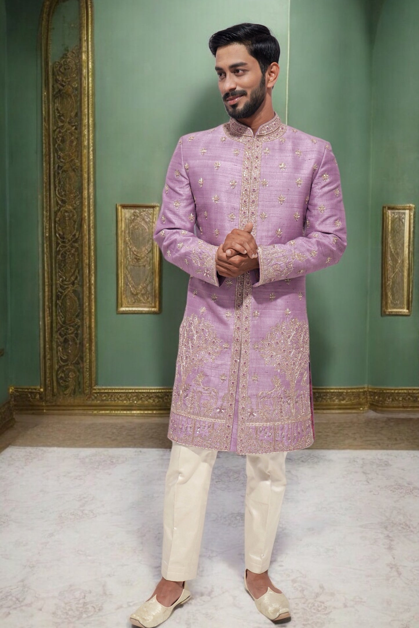Onion pink designer embroidered sherwani