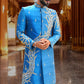 French Blue Pure Raw Silk Sherwani Set with Floral Wave Zardosi Work.