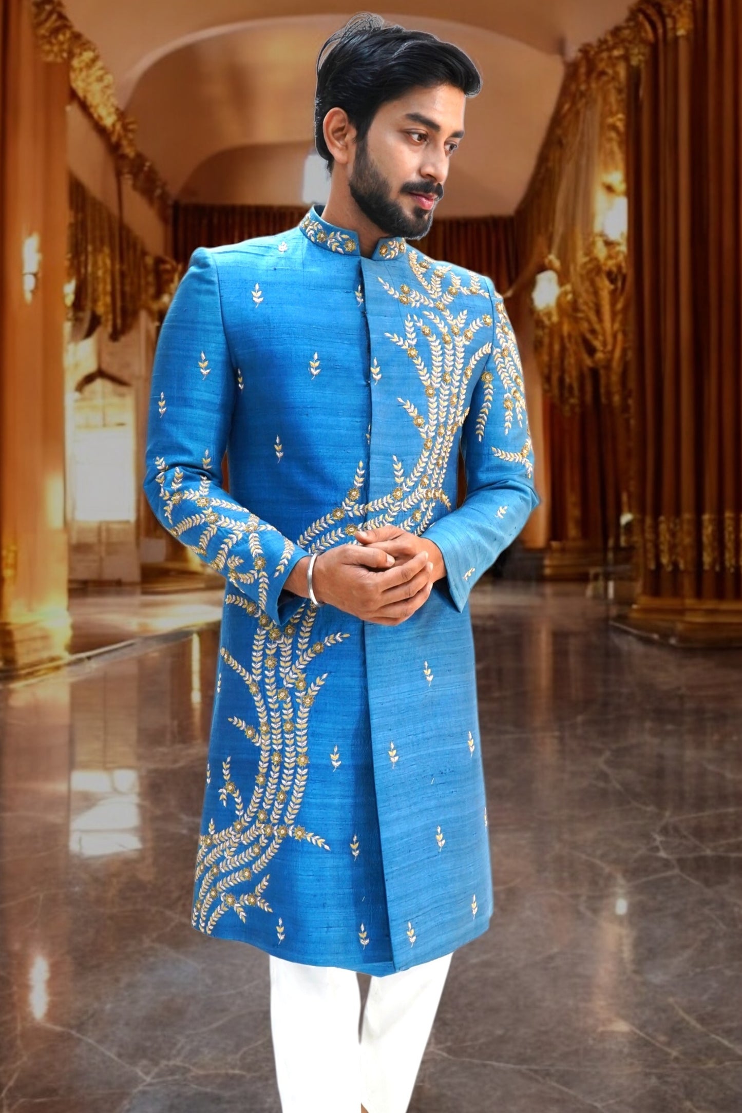French Blue Pure Raw Silk Sherwani Set with Floral Wave Zardosi Work.