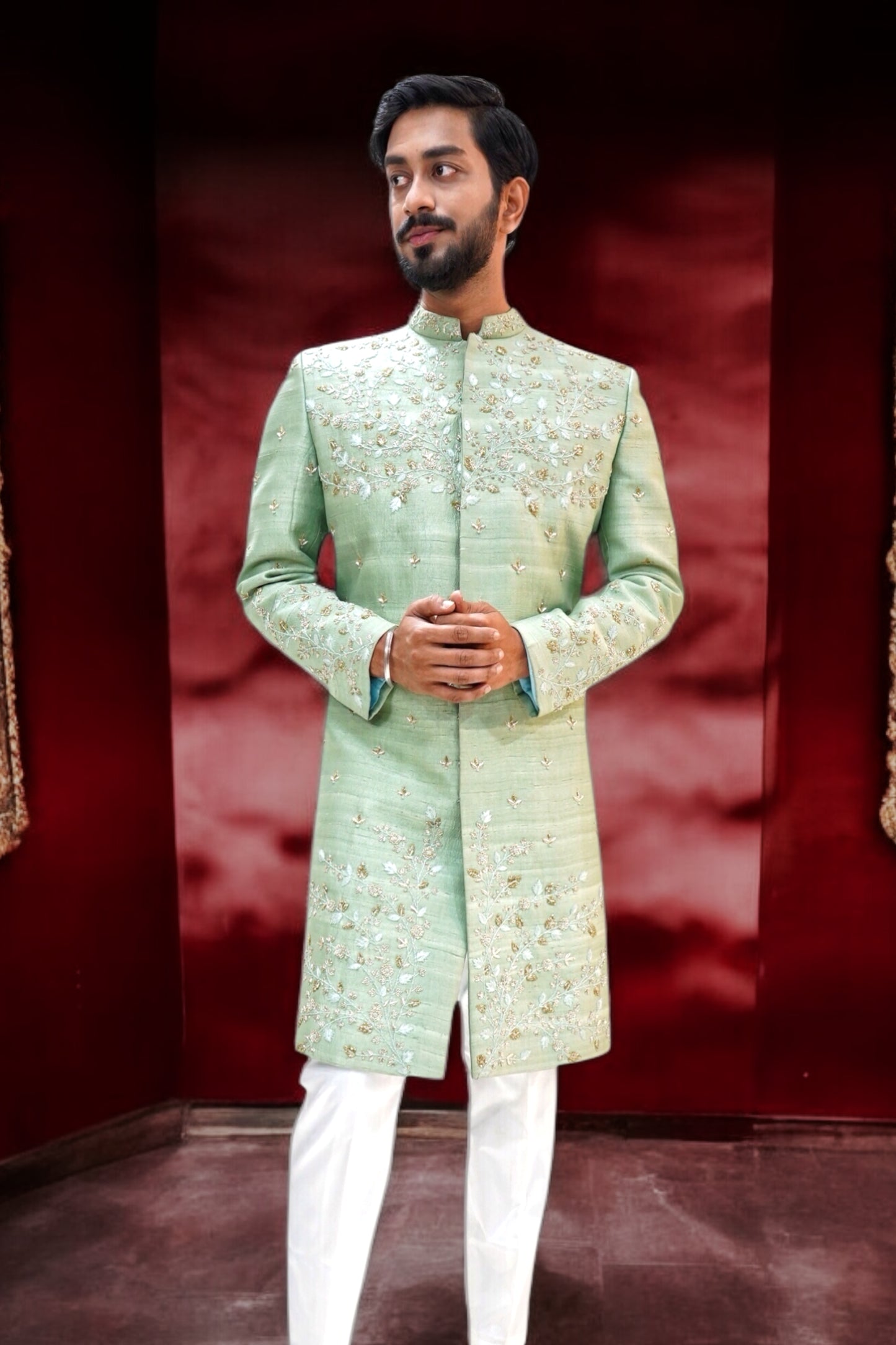Green colour embroidered designer sherwani