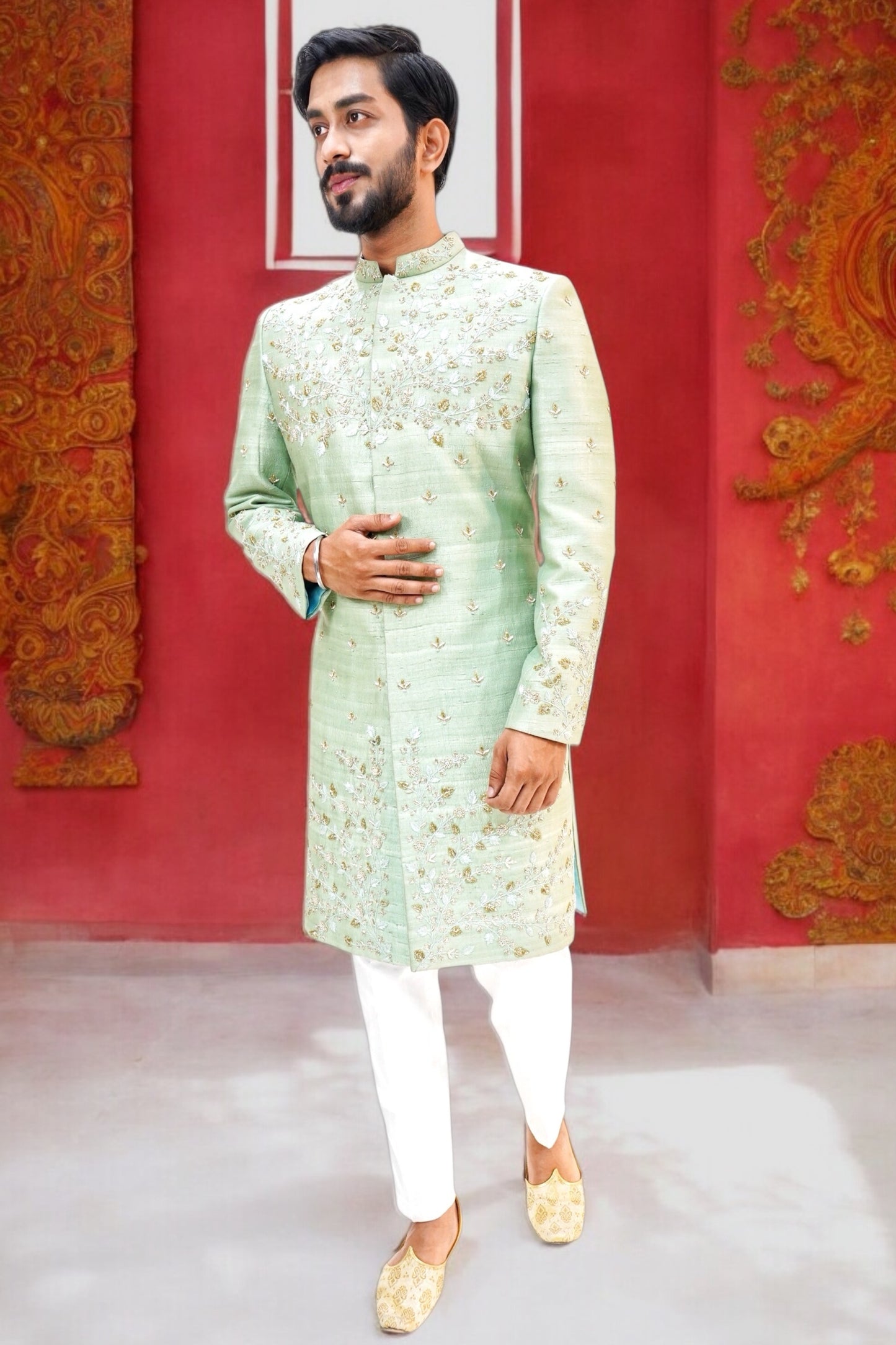 Green colour embroidered designer sherwani