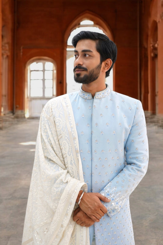 Ice blue designer sherwani
