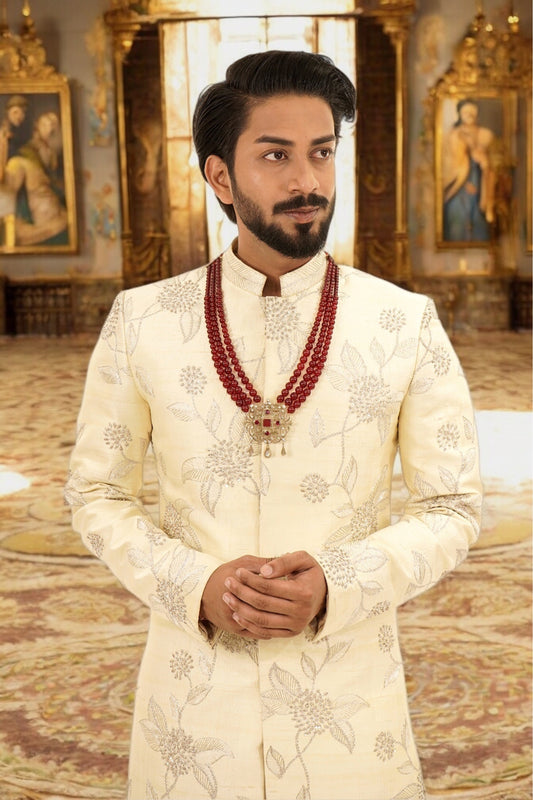 Silver Zari FLoral Work Sherwani