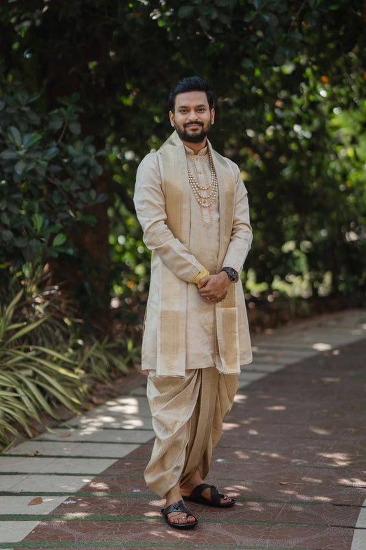 kanchi tissue- pattu pancha set with zari work on collar and cuffs