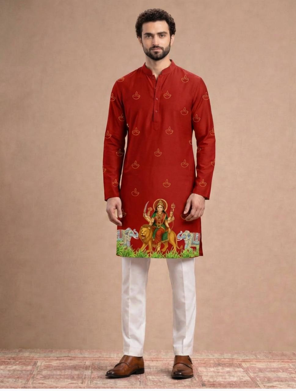 Man wearing a red kurta with white pants on a beige background