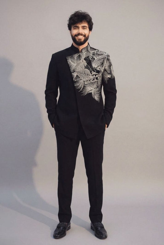 Black Embroidered Indo-Western Bandhgala Set for Men – Wedding & Party Wear