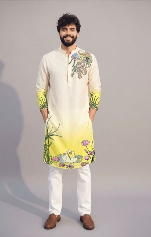 White to Yellow Ombre Printed Kurta Set for Men – Festive & Summer Wear