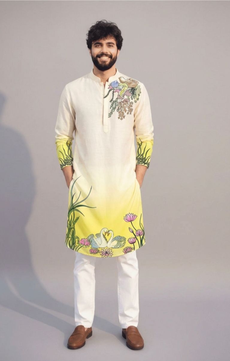 White to Yellow Ombre Printed Kurta Set for Men – Festive & Summer Wear