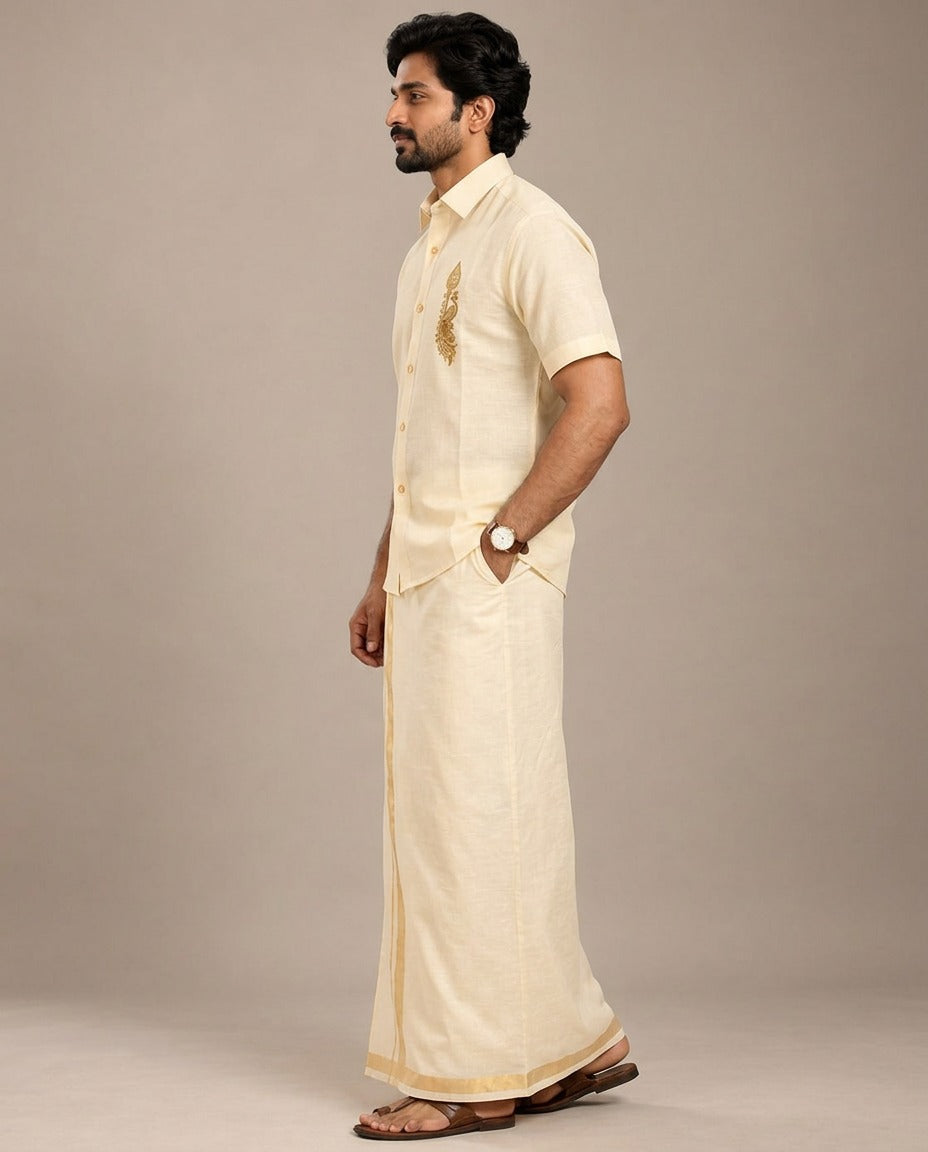 Ivory Murugan Vel Embroidered Pattu shirt (Divine Peacock)