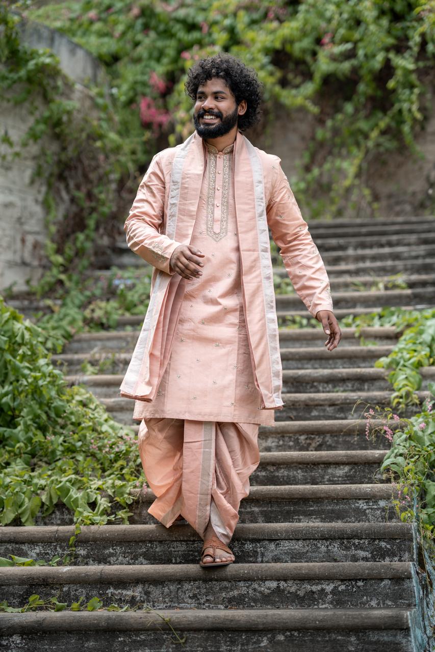 Royal Blush Men's Kurta with Thirunamam, Shanku & Chakra Embroidery | Premium Festive & Wedding Wear