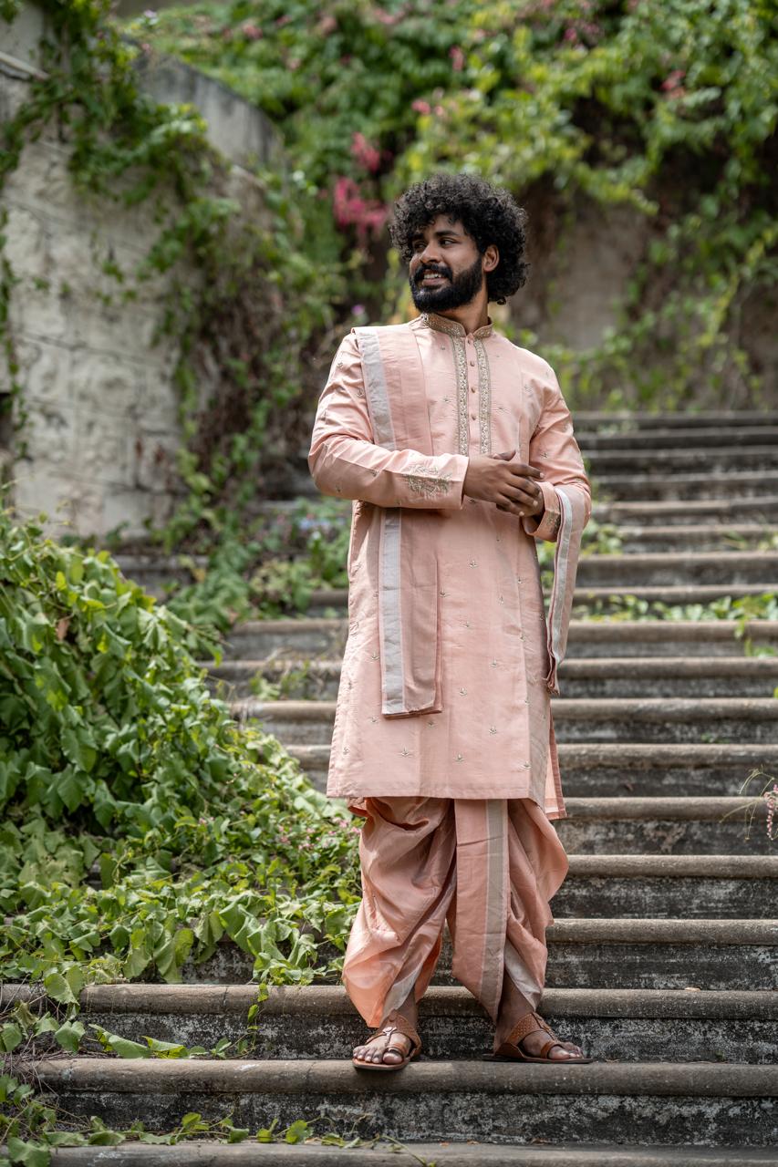 Royal Blush Men's Kurta with Thirunamam, Shanku & Chakra Embroidery | Premium Festive & Wedding Wear