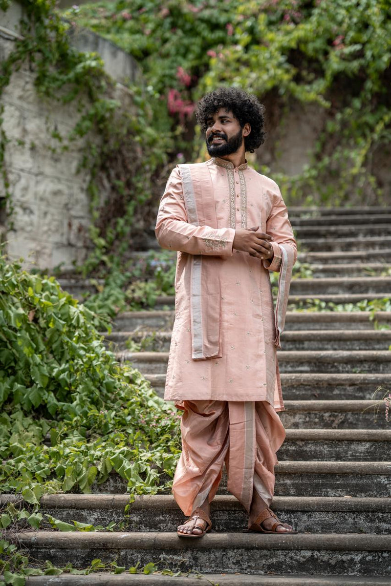 Royal Blush Men's Kurta with Thirunamam, Shanku & Chakra Embroidery | Premium Festive & Wedding Wear