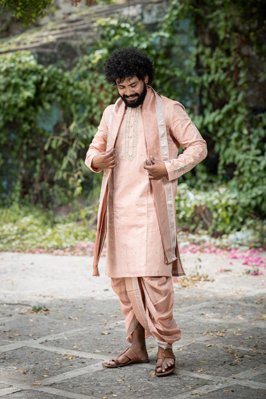 Royal Blush Men's Kurta with Thirunamam, Shanku & Chakra Embroidery | Premium Festive & Wedding Wear