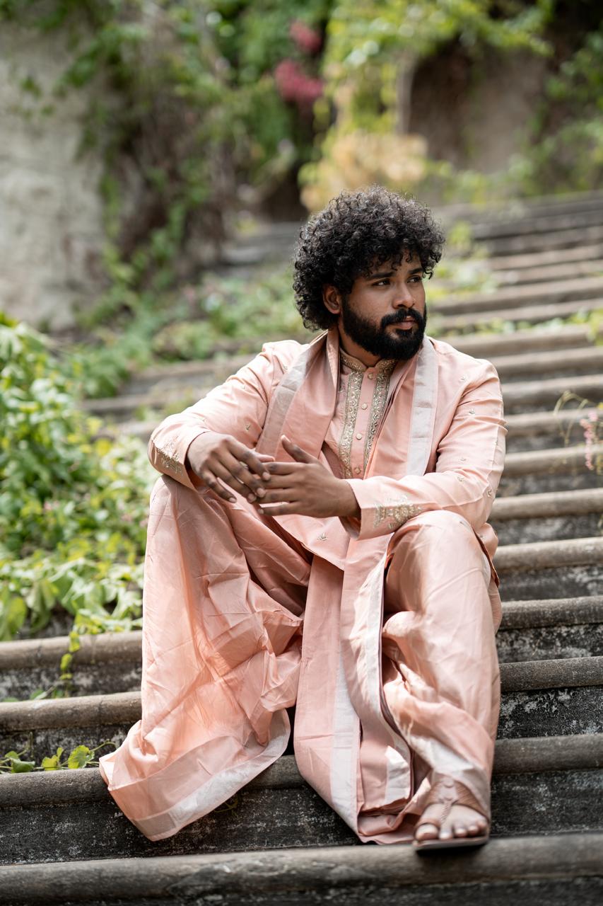 Royal Blush Men's Kurta with Thirunamam, Shanku & Chakra Embroidery | Premium Festive & Wedding Wear