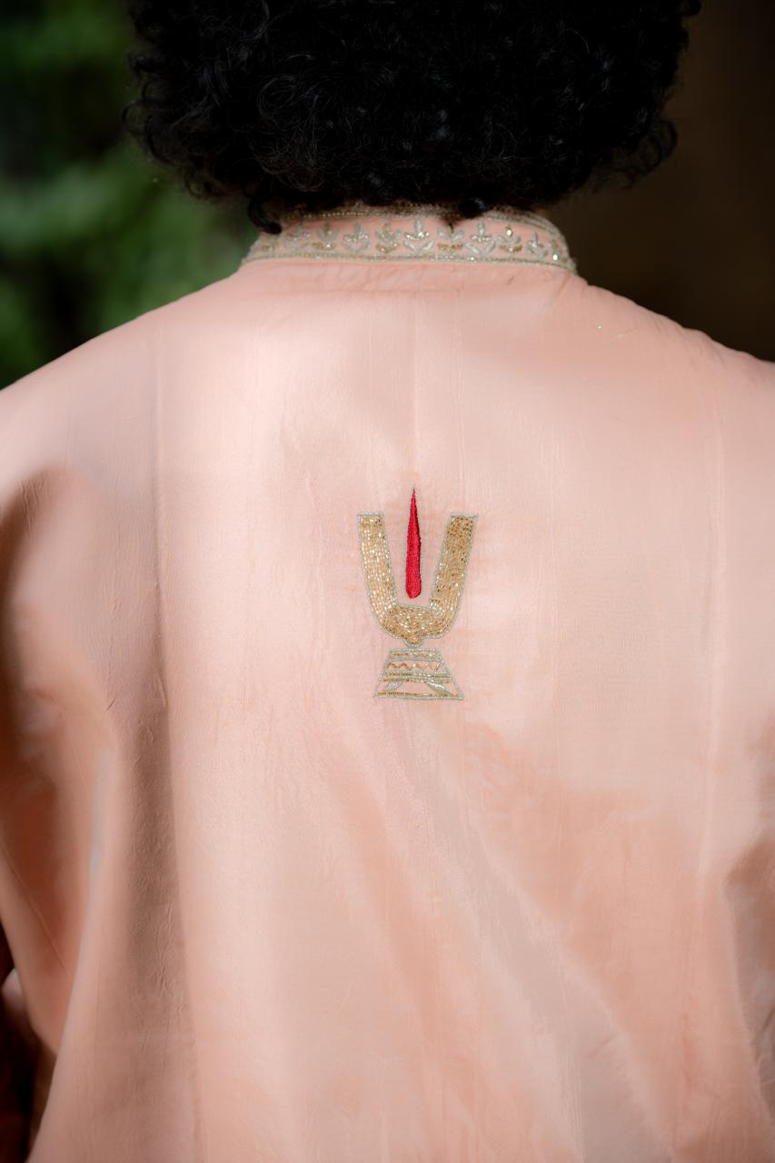 Royal Blush Men's Kurta with Thirunamam, Shanku & Chakra Embroidery | Premium Festive & Wedding Wear