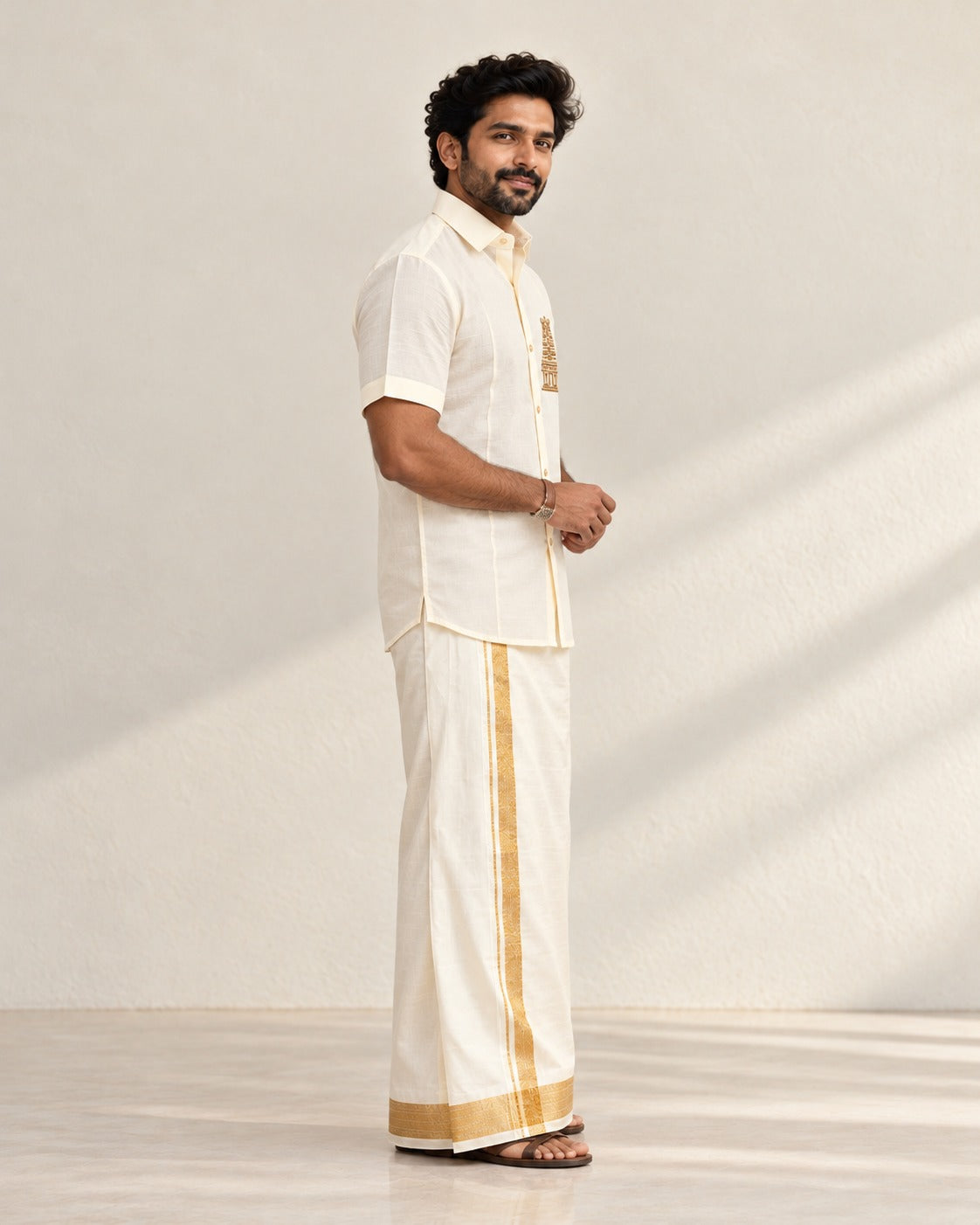 Ivory Temple Motif Pattu shirt  (Divine Heritage)