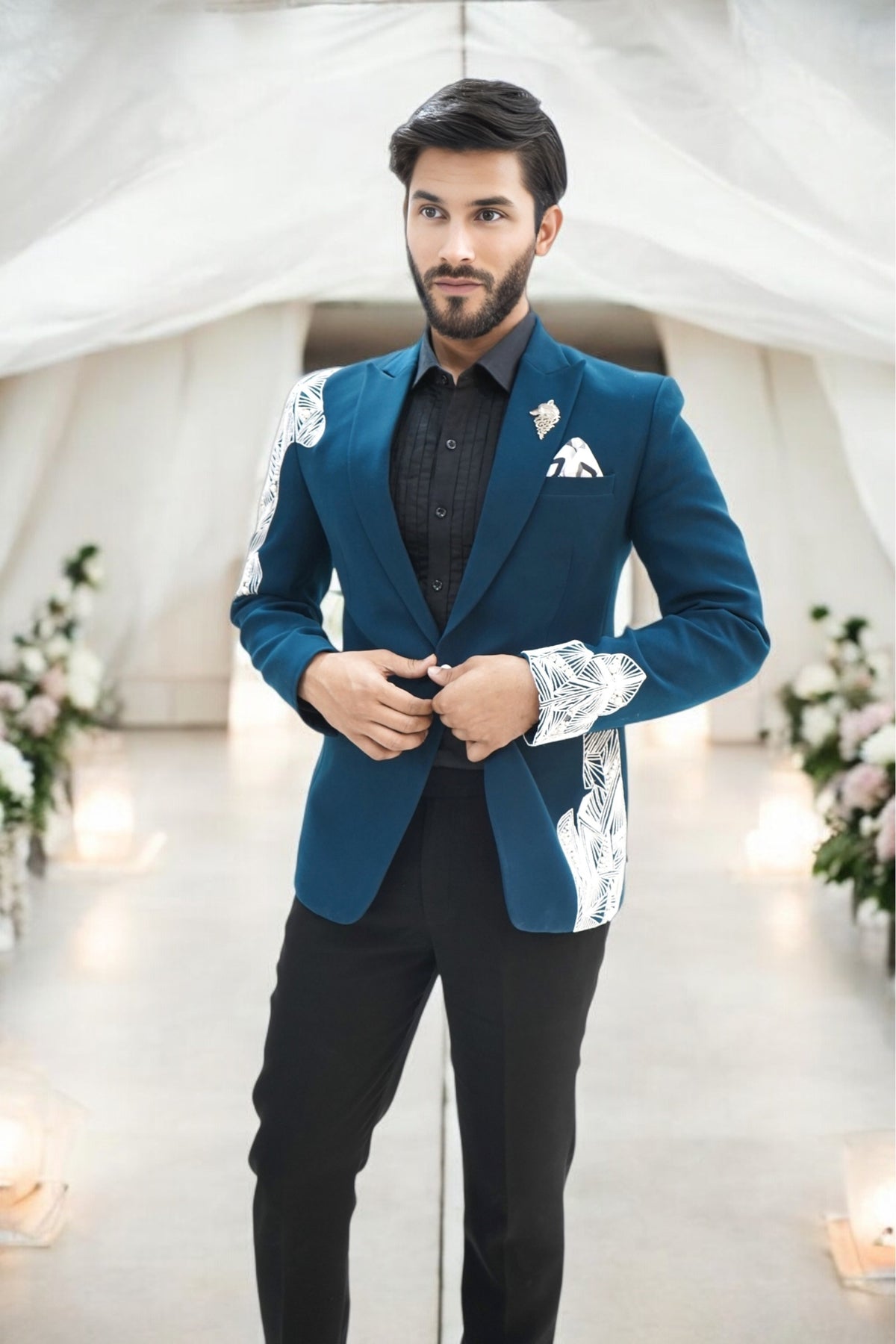 White Beaded Embellished Teal Green Tuxedo