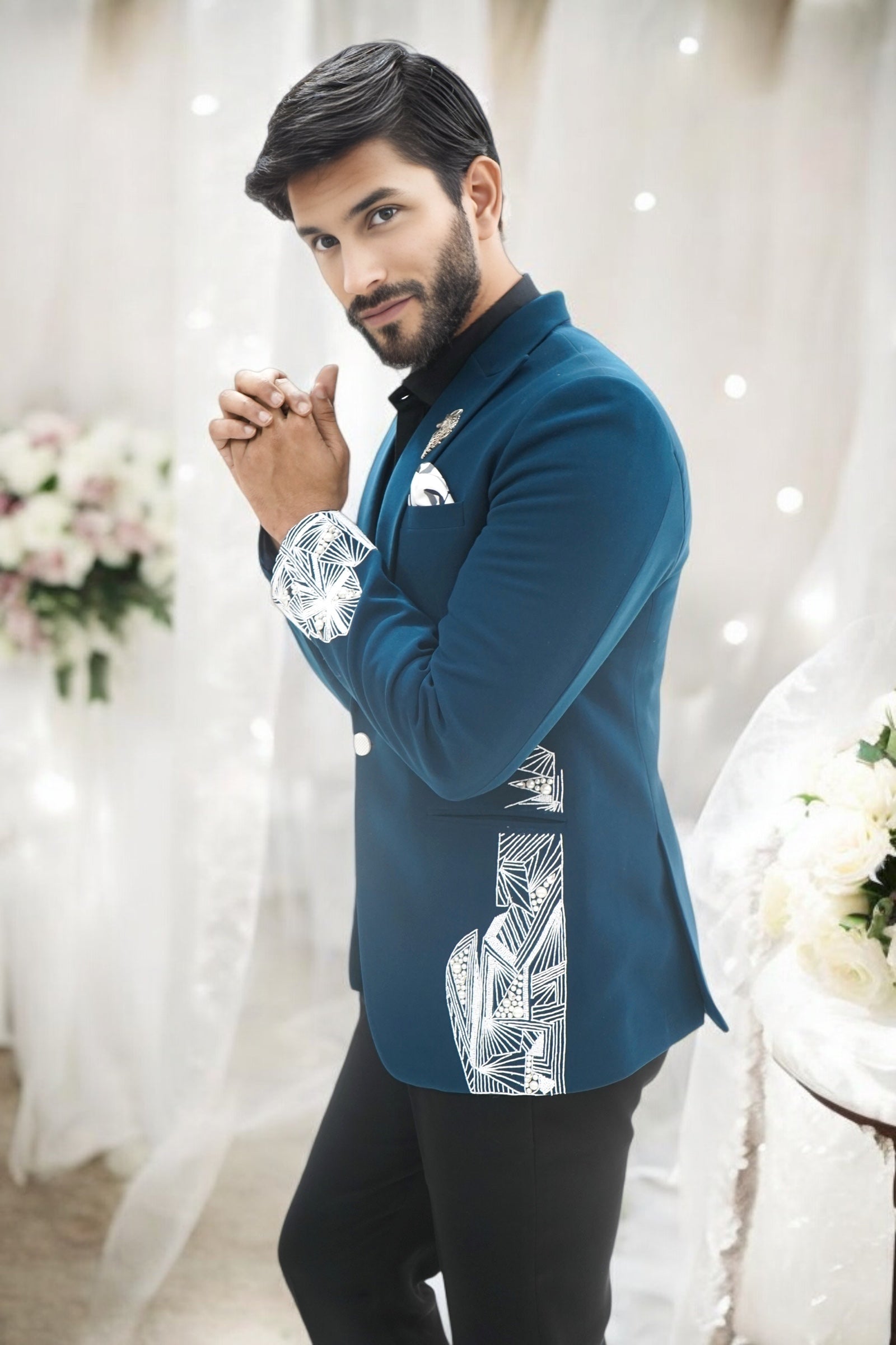 White Beaded Embellished Teal Green Tuxedo
